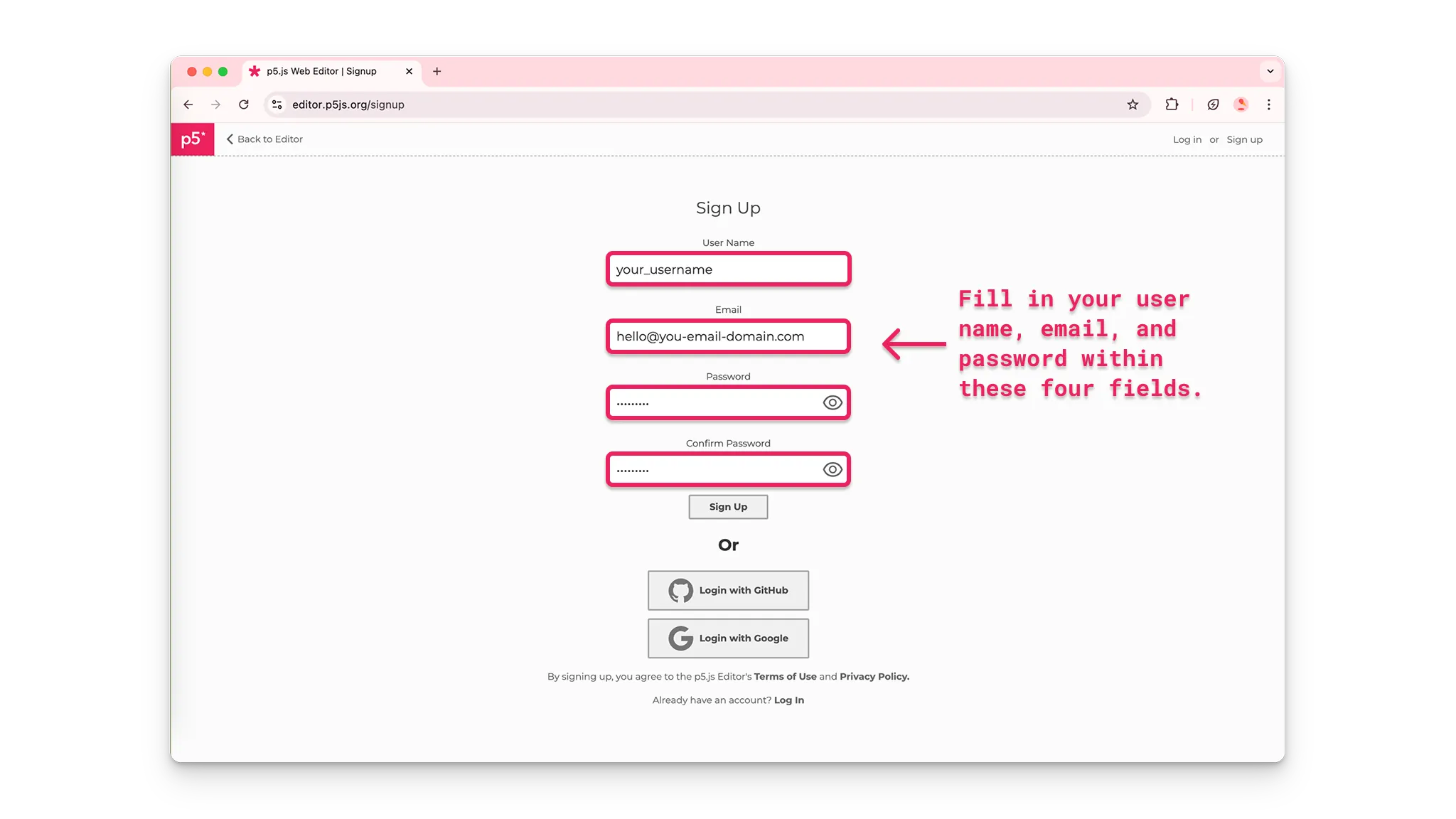 An arrow pointing to the highlighted User Name, Emaill, Password, and Confirm Password fields on the Sign Up page.